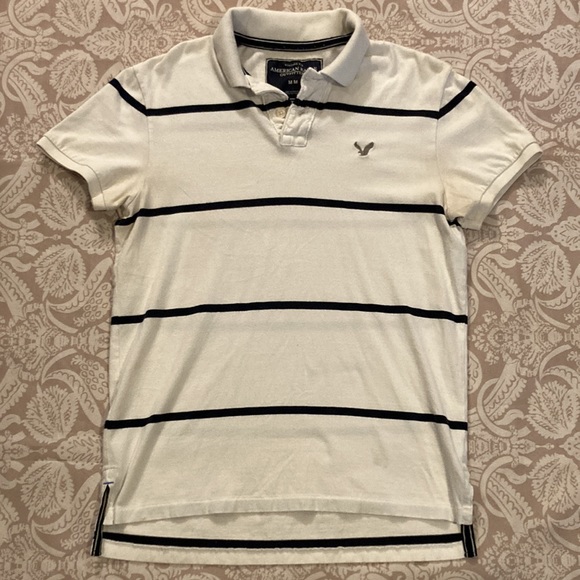 Men’s American Eagle Striped Polo Shirt White/Navy Size M Excellent - Picture 3 of 4